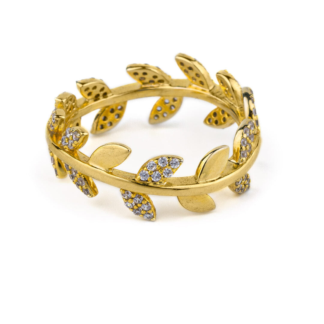 Olive Leaf Zircon Ring - 925 Sterling Silver and Gold Plated