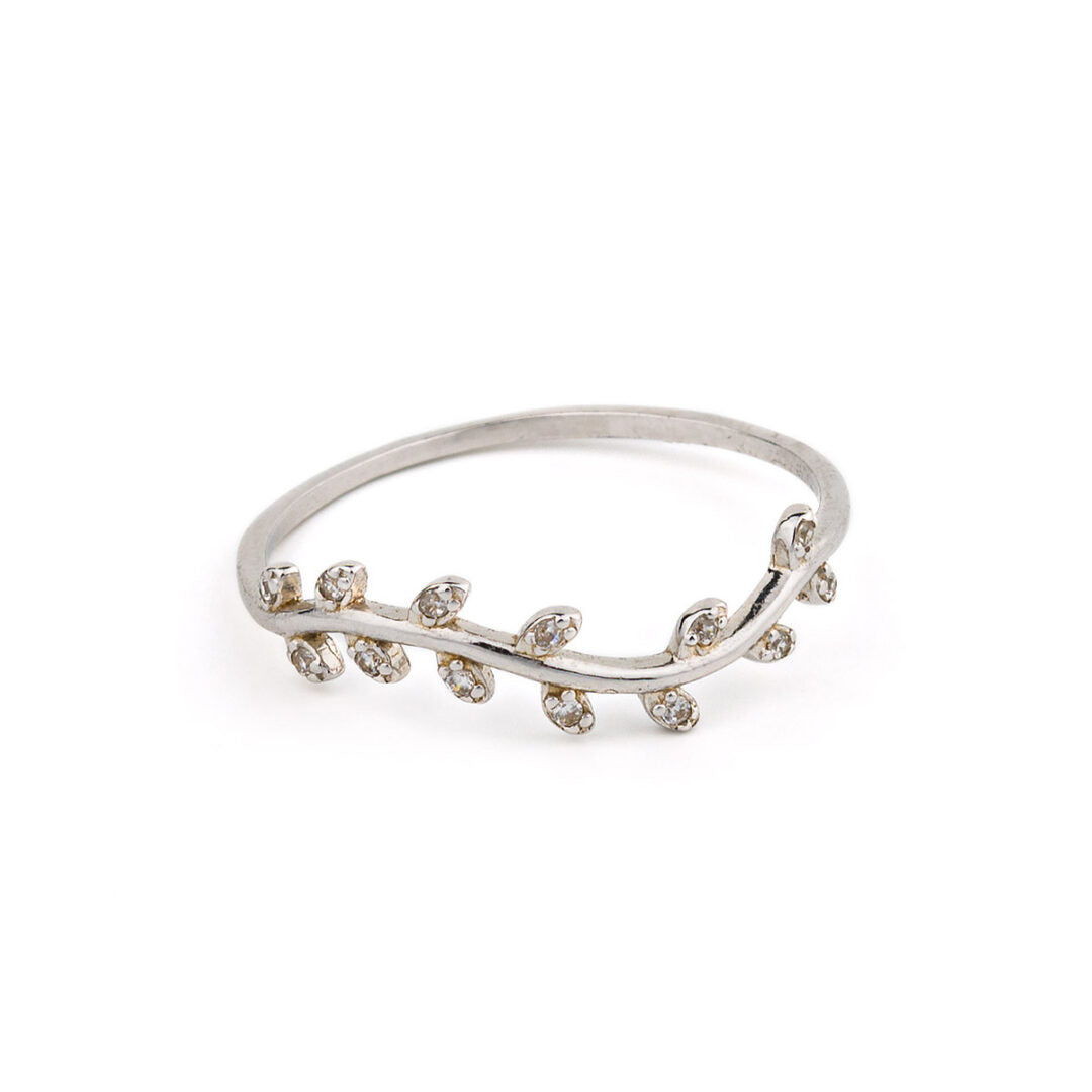 Olive Leaf Ring with Zircon – Sterling Silver