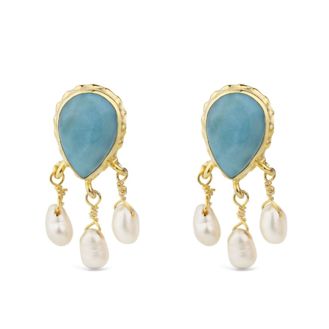 925 Sterling Silver and Gold Plated Pearl Stud earrings with Larimar