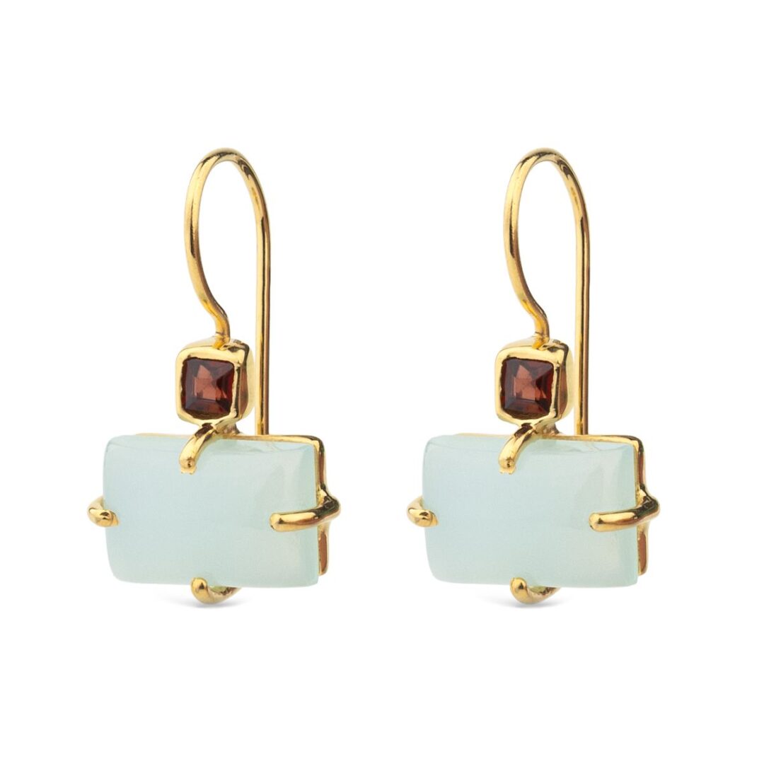 Dangle Earrings in 925 Silver & Gold Plating with Garnet and Aqua Chalcedony