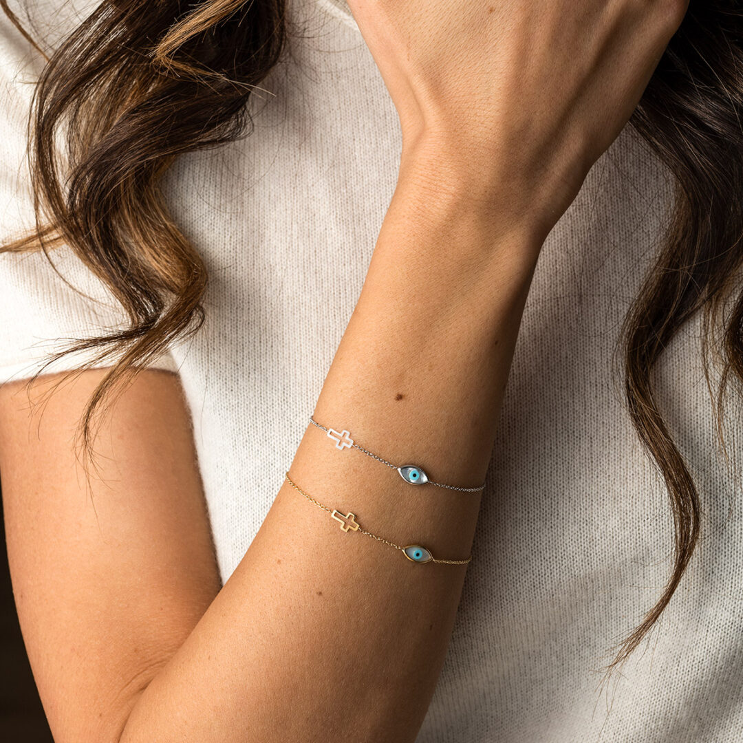 9K White Gold Evil Eye and Cross Bracelet