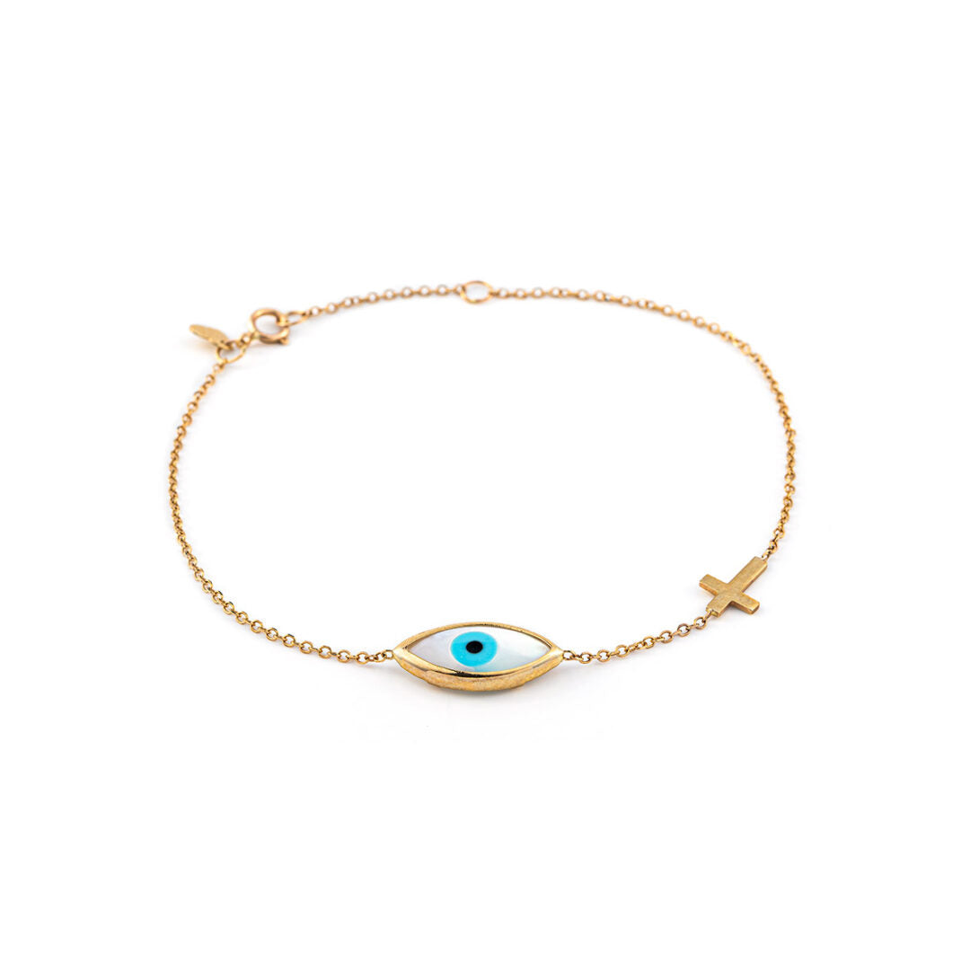 9K Yellow Gold Evil Eye Bracelet with Cross