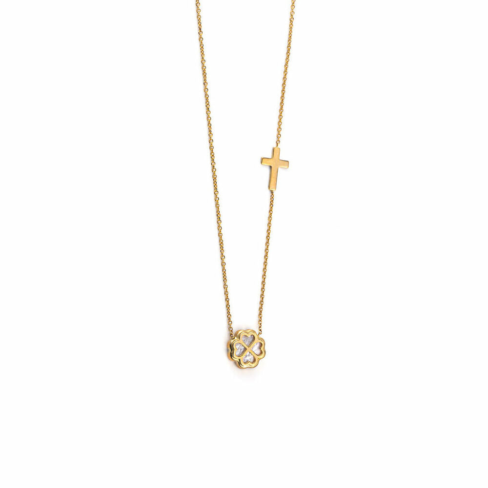 Four Leaf Clover Necklace with Cross - 9K Yellow Gold