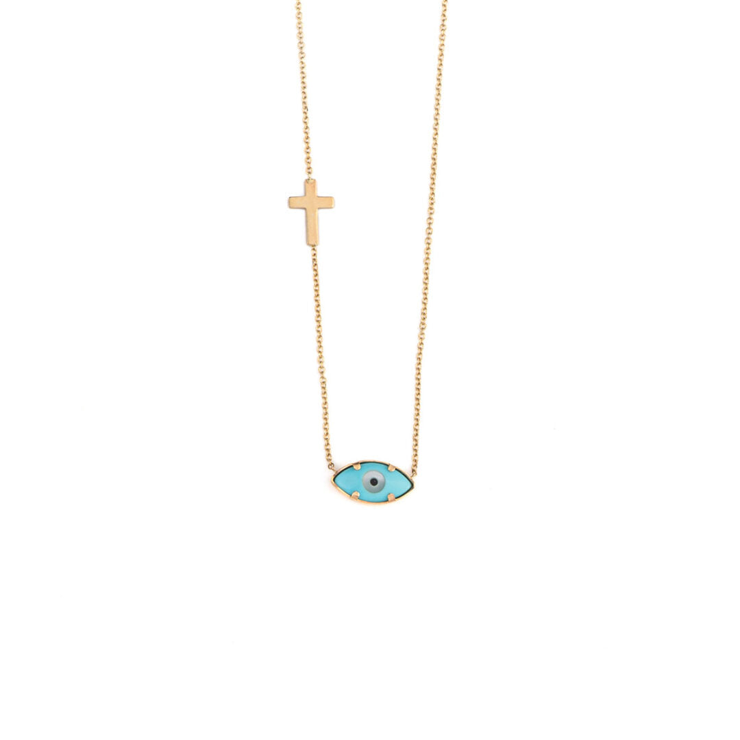 Evil Eye and Cross Necklace - Gold 9K