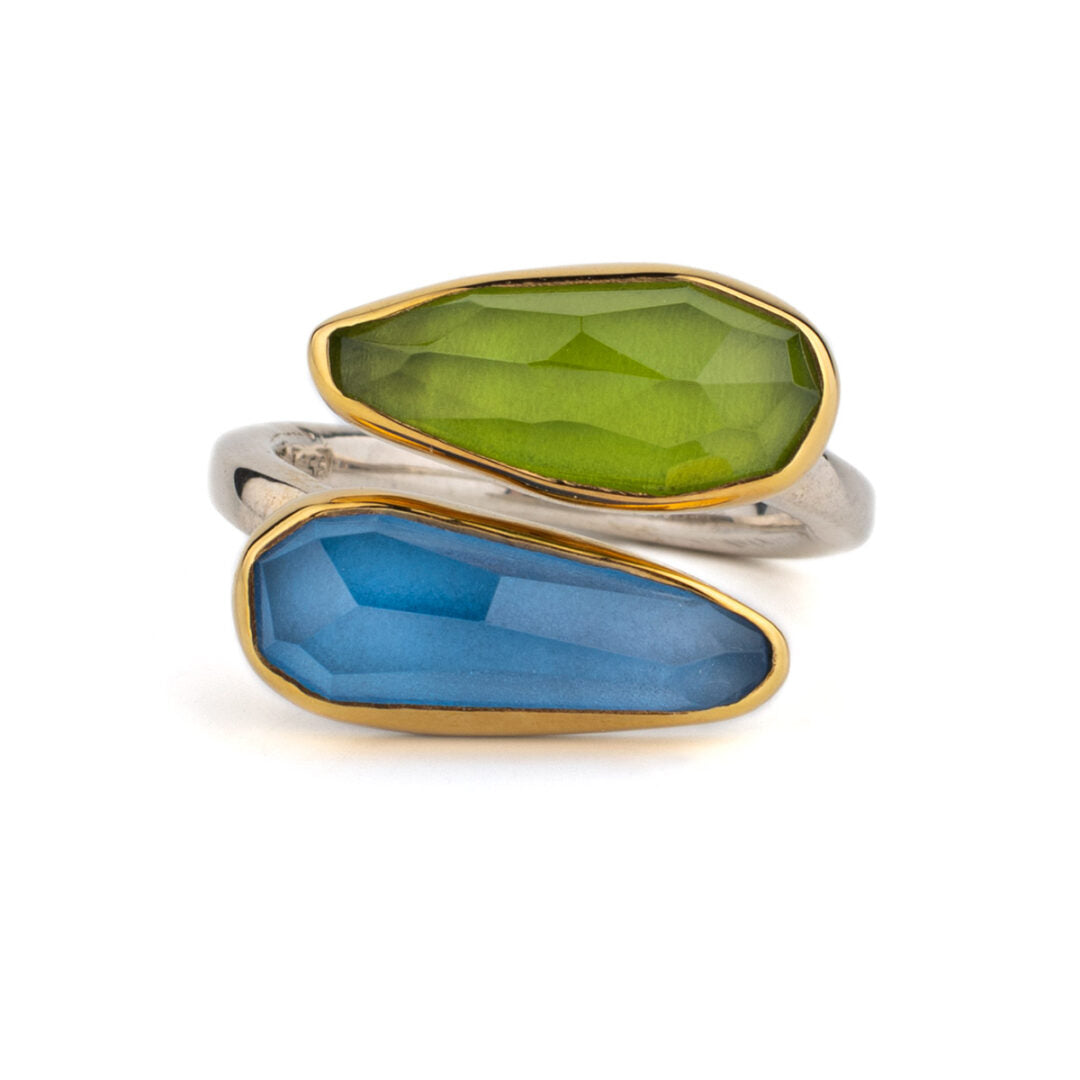 Blue Topaz Peridot Ring - 18K Gold and 925 Sterling Silver