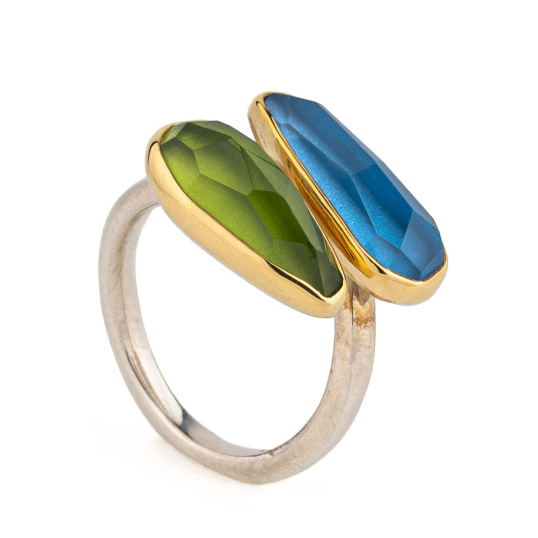 Blue Topaz Peridot Ring - 18K Gold and 925 Sterling Silver