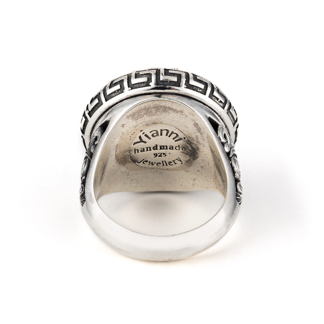 Greek Meander Floral Lapis Ring - Sterling Silver Yianni Jewelry
