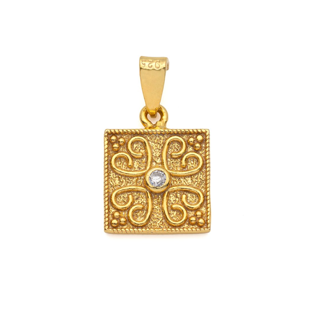 Byzantine Square Pendant in Gold Plated 925 Silver with Zircon