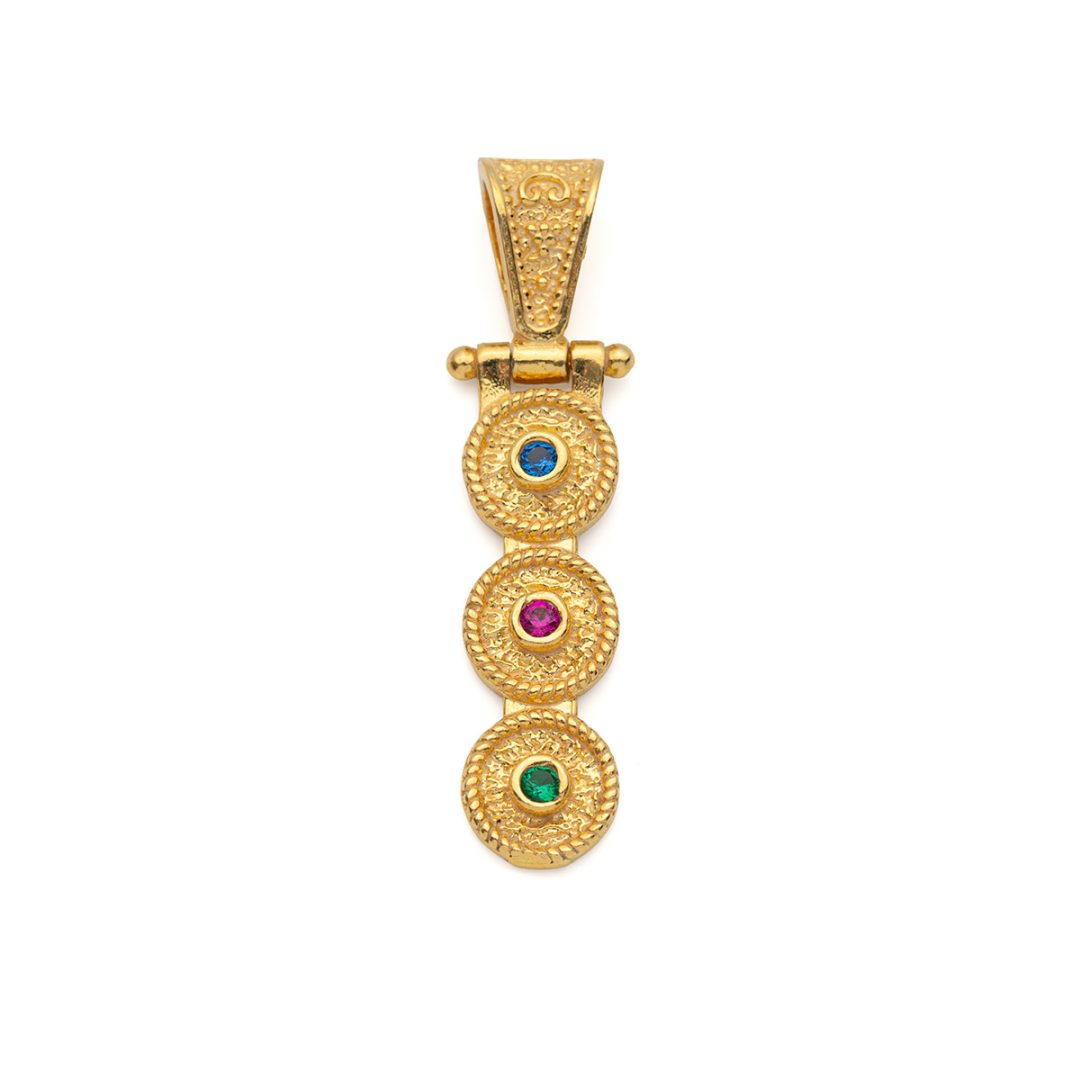 Byzantine Pendant 3 Circle 925 Silver Gold Plated with Multicolor Zircon