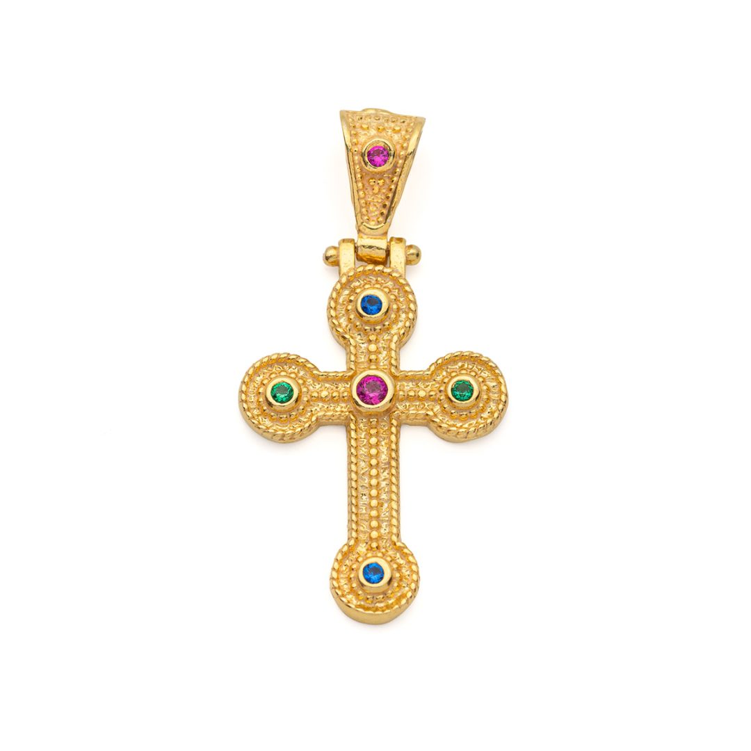 Byzantine Cross Pendant in 925 Sterling Silver Gold Plated with Zircons