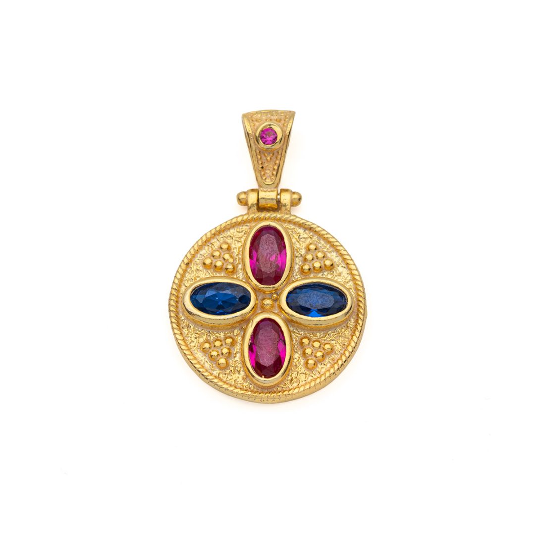 Byzantine Circle Pendant with Multicolor Zircons 925 Sterling Silver Gold Plated