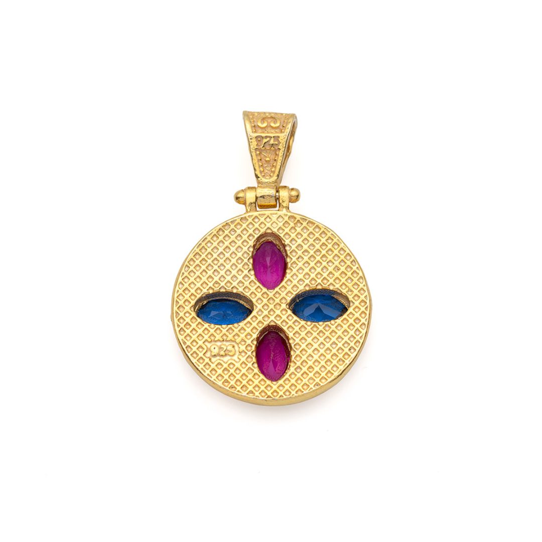 Byzantine Circle Pendant with Multicolor Zircons 925 Sterling Silver Gold Plated