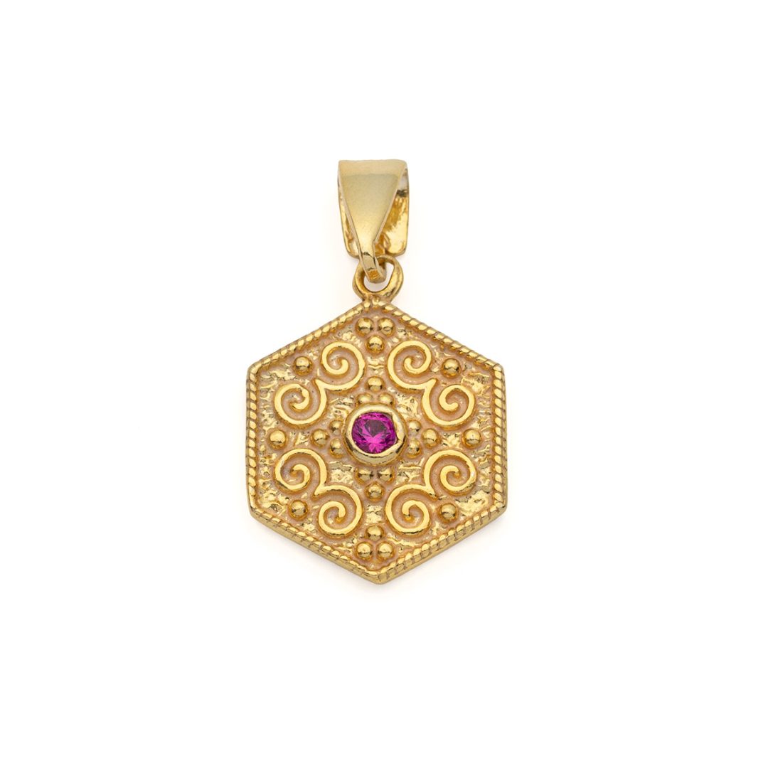 Byzantine Polygon Pendant with Zircon Stone in Gold Plated 925 Sterling Silver