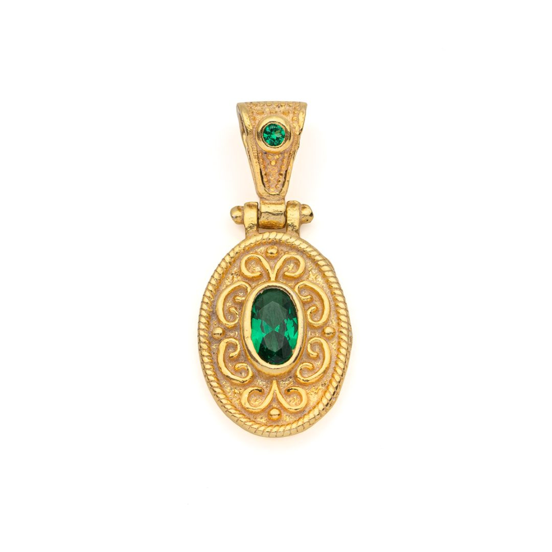 Byzantine Oval Pendant with Zircon 925 Sterling Silver Gold Plated
