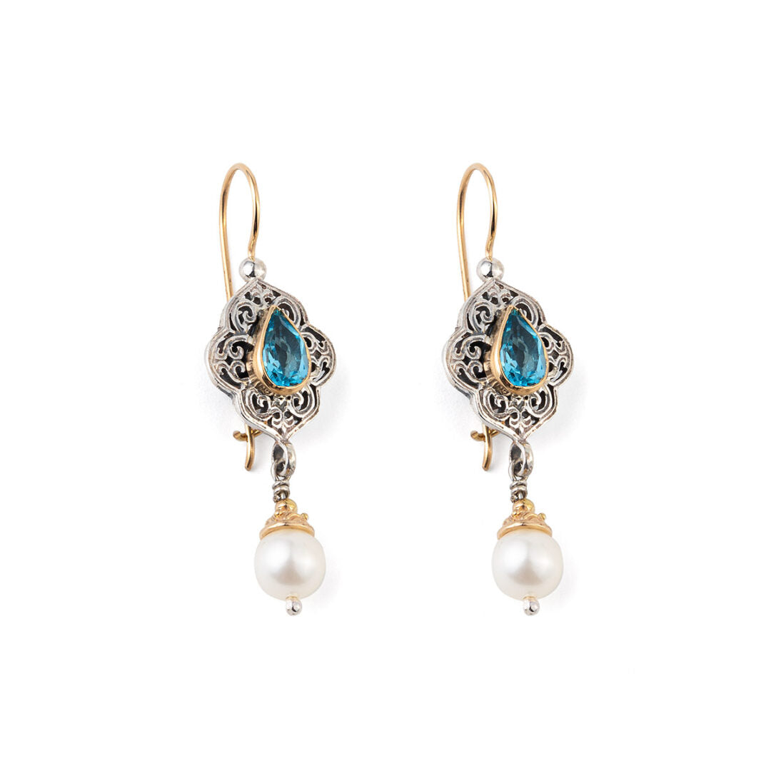 Byzantine Long Earrings with blue Topaz - 18K Gold and Sterling Silver