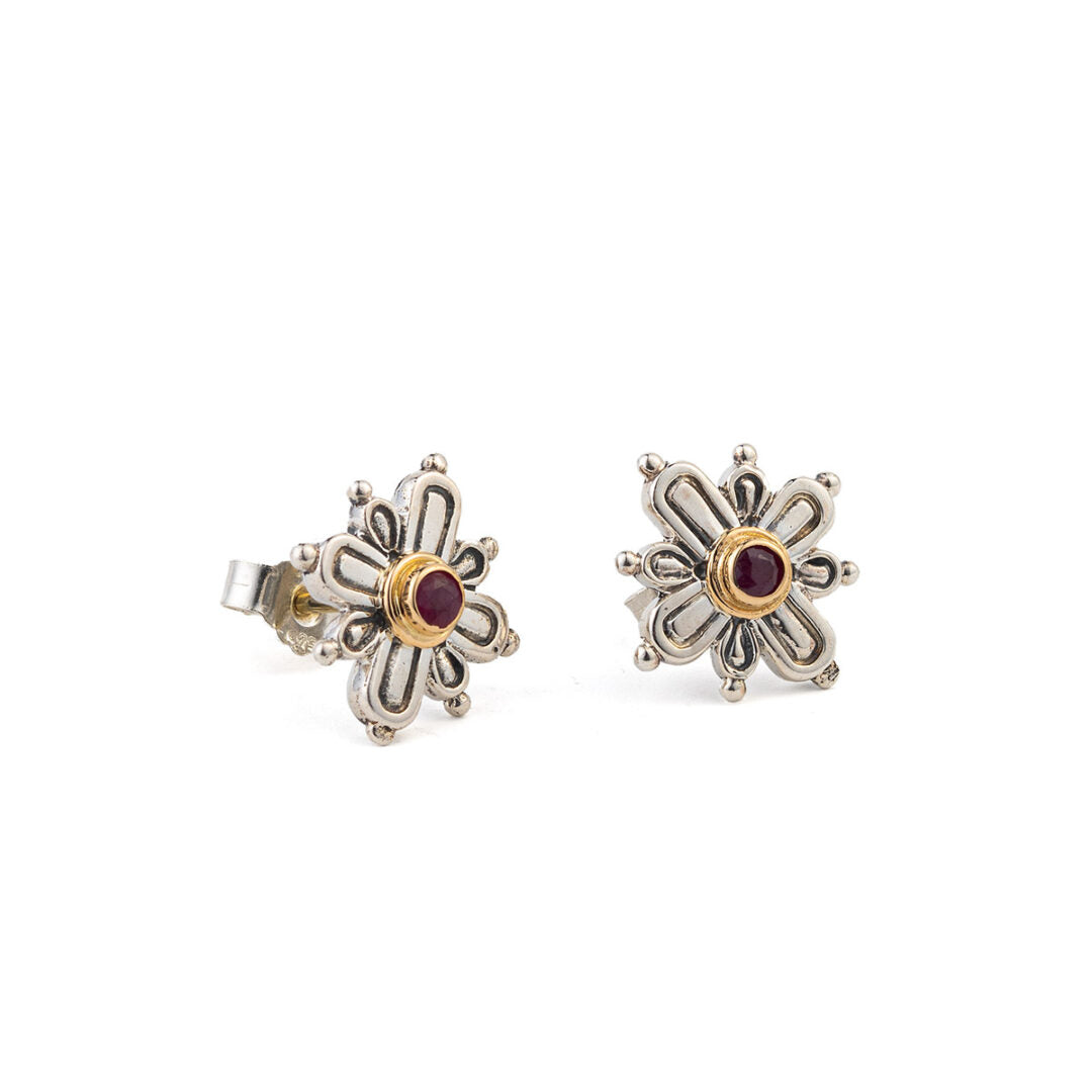 Cross Stud Earrings in 18K Gold and Sterling Silver with ruby