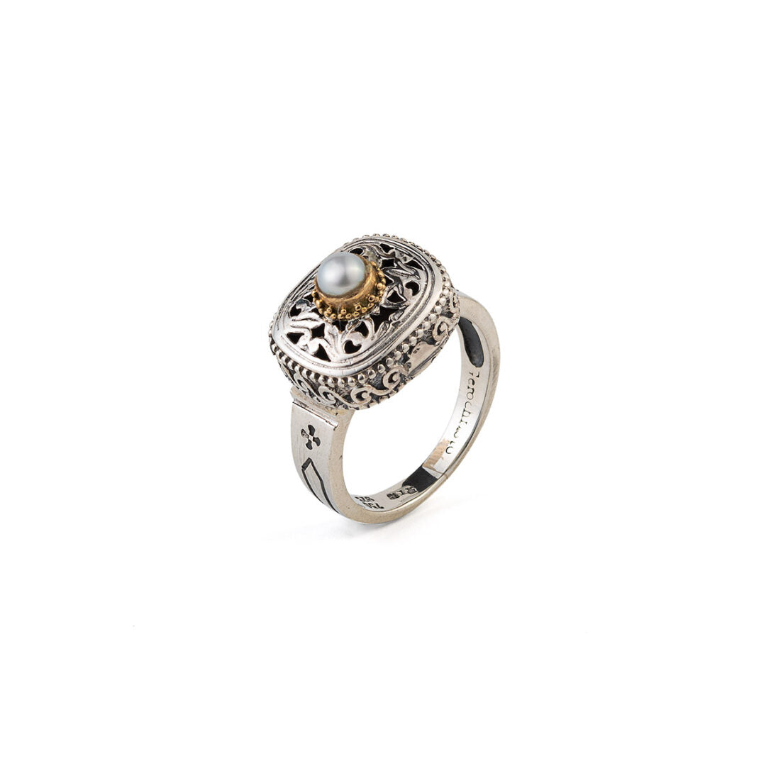 Garden shadows cushion ring in 18K Gold and Sterling Silver with pearl