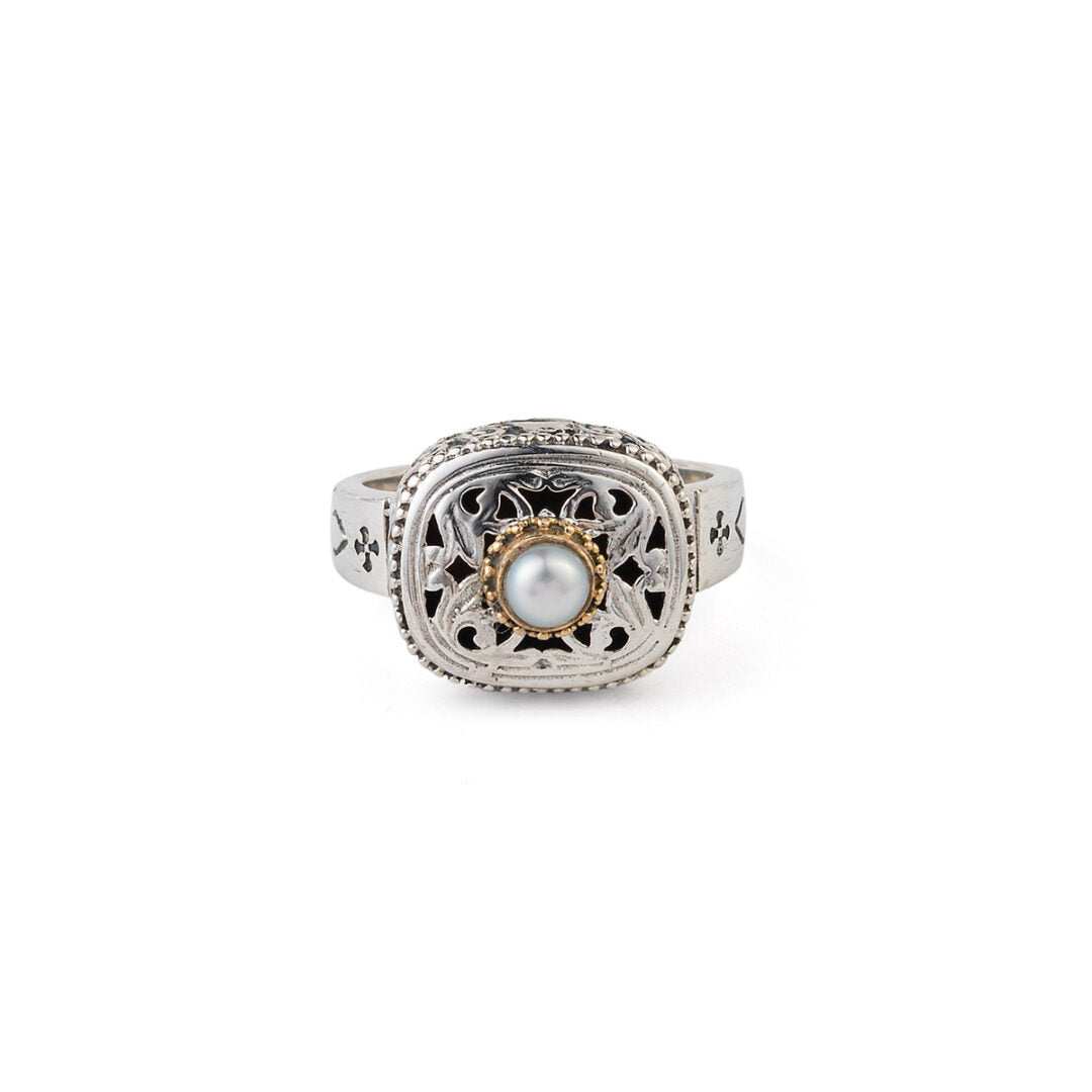Garden shadows cushion ring in 18K Gold and Sterling Silver with pearl