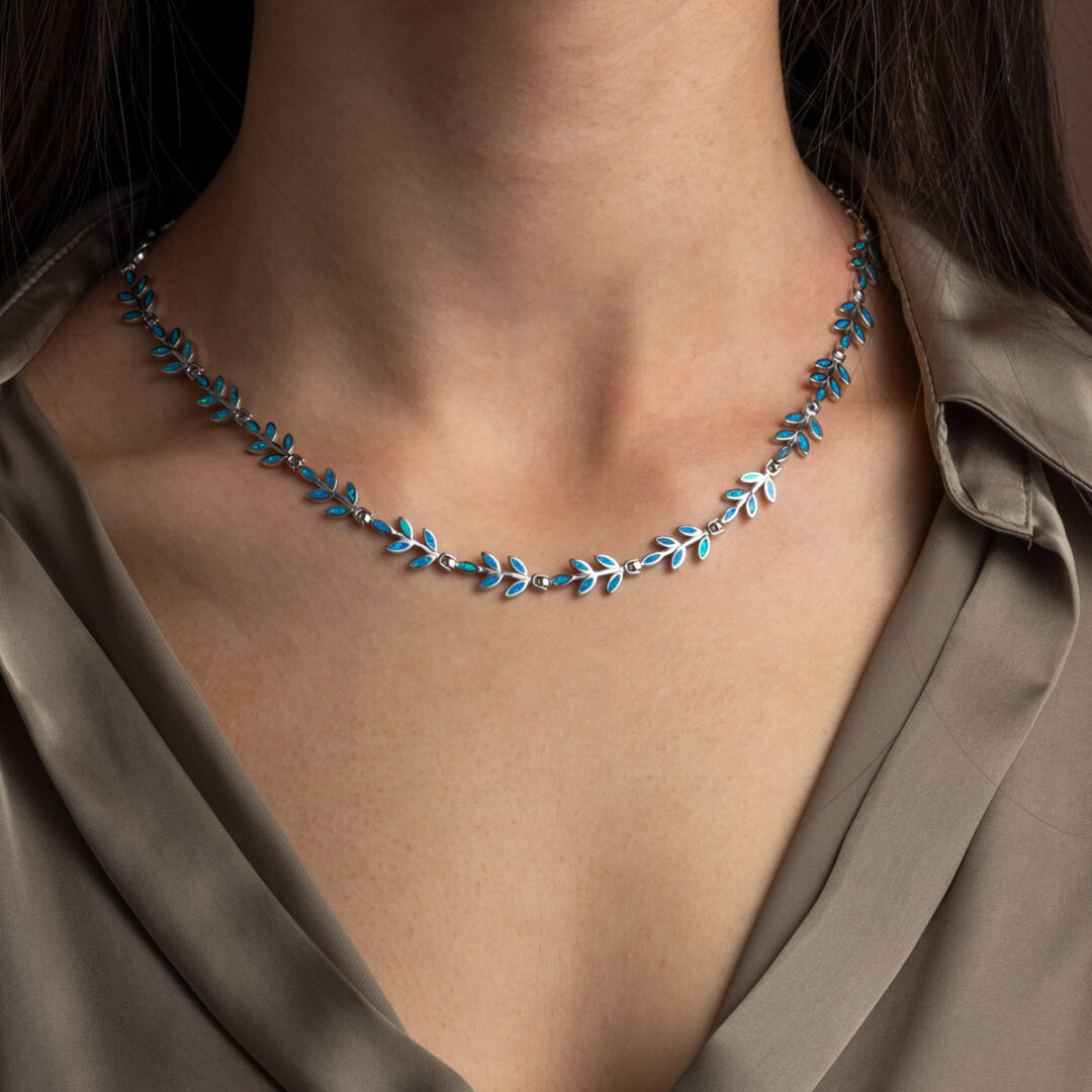 Sterling Silver Opal Necklace with Olive Leaf Design