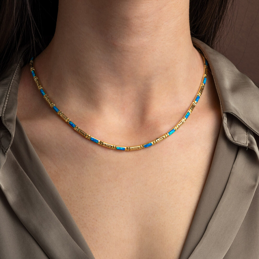 Sterling Silver Greek Key Necklace with Opal