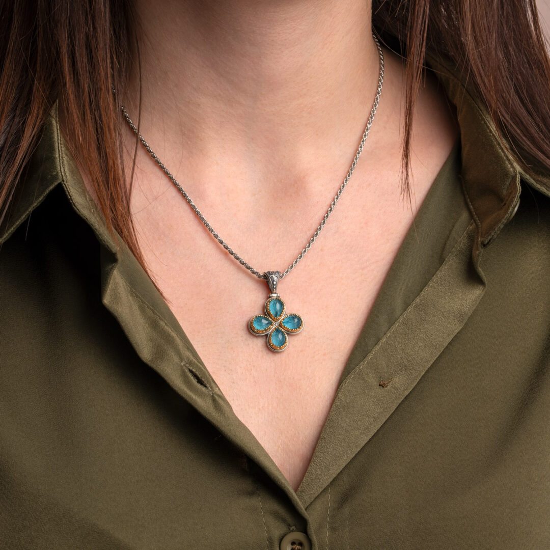 Byzantine Doublet Apatite Cross Pendant in 925 Sterling Silver and Gold Plated