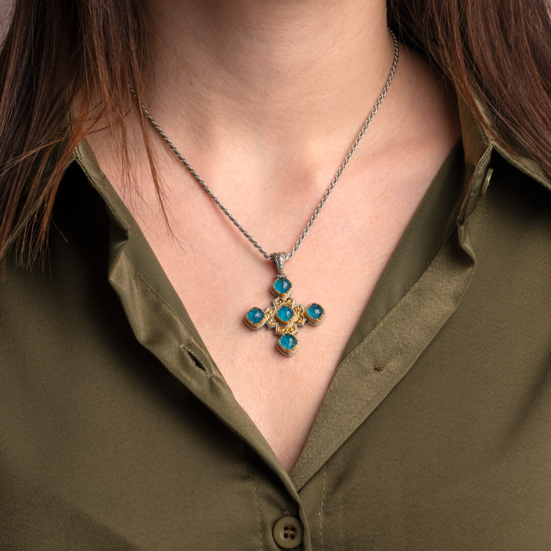 Byzantine Silver Cross Necklace with Doublet Apatite Stones