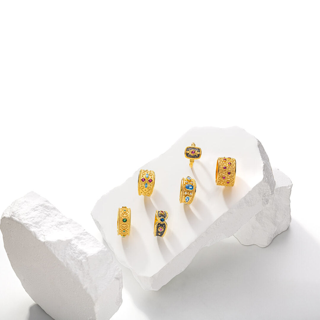 Byzantine Square Ring with Red Zircon - Sterling Silver and 18K Gold Plating