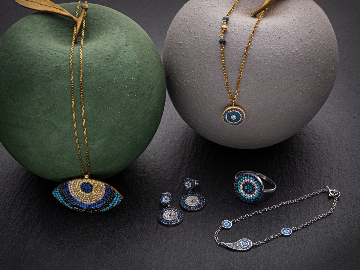 Evil eye jewelry: Greek Mati evil eye jewelry inspired by traditional Greek symbolism.