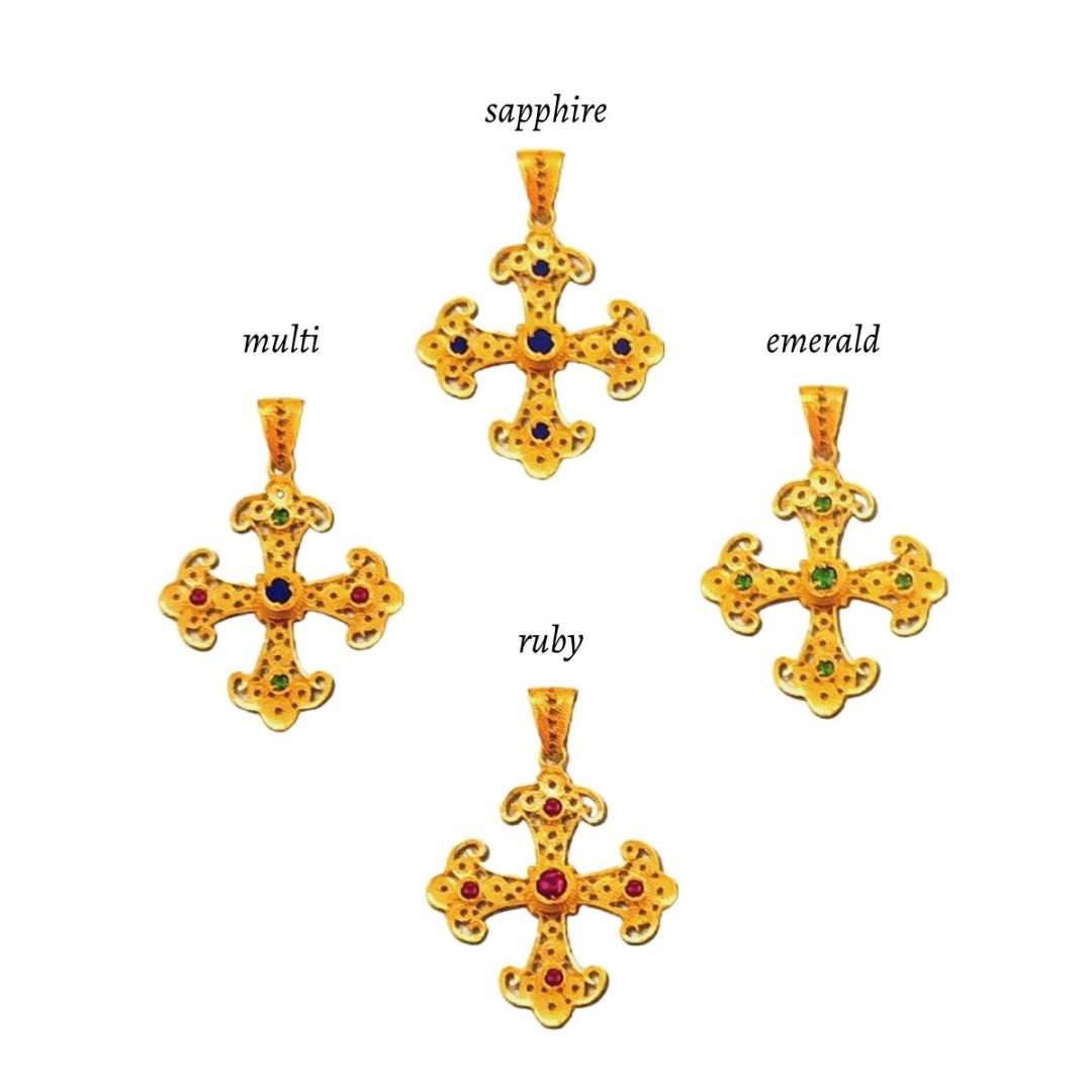 18K Solid Gold Filigree Cross Pendant with Gemstones