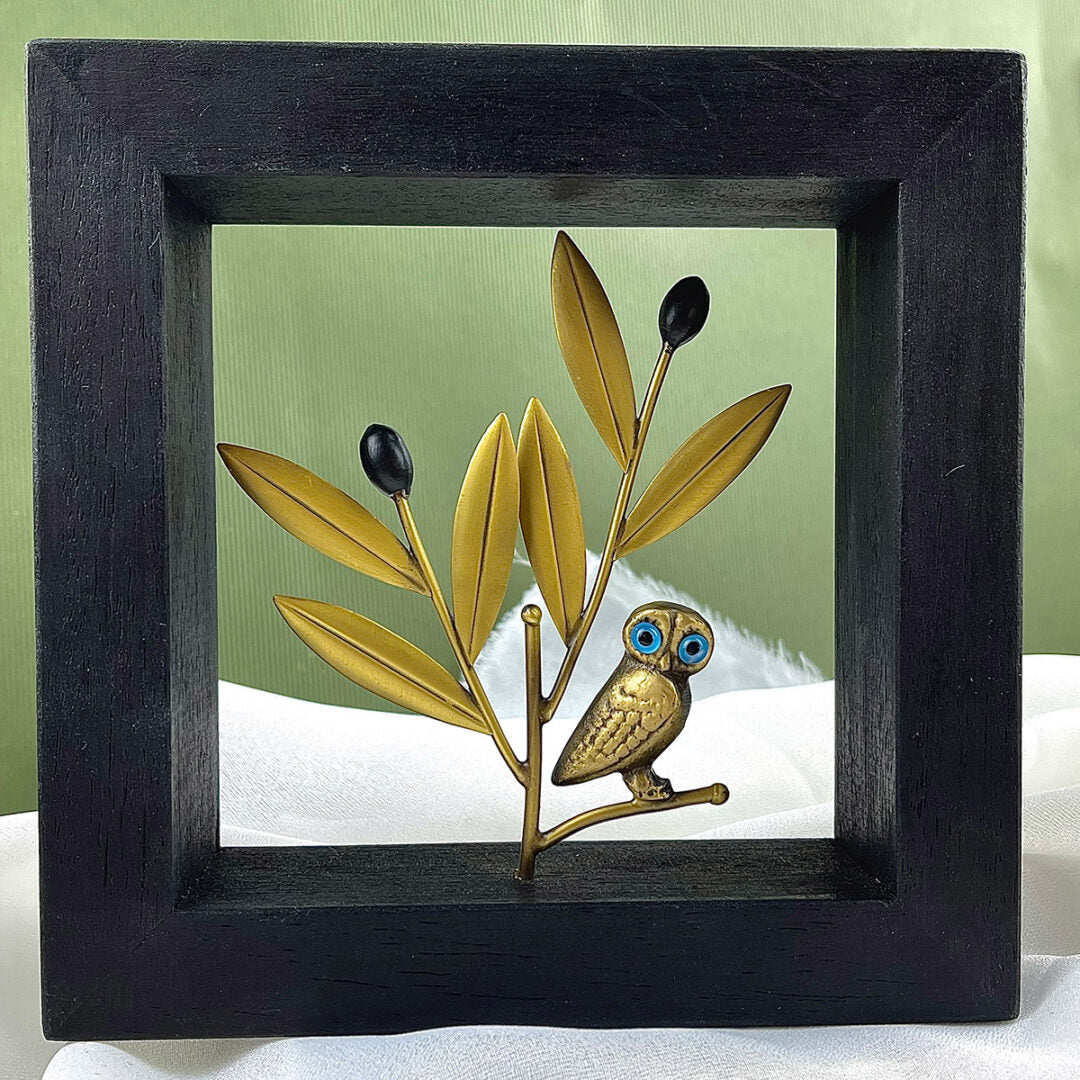 Ξύλινο Κάδρο 15X15cm με μπρούτζινη φιγούρα – Κουκουβάγια