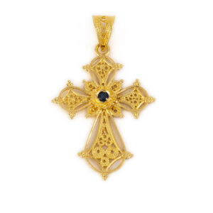 18K Gold Cross with Sapphire - GREEK ROOTS Byzantine Cross Jewelry