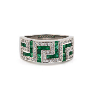 Meander Ring with Emeralds and Crystals