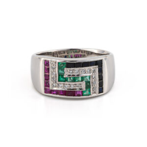Greek Key Ring with Multi Precious Stones