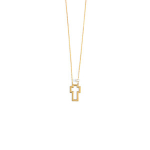 Open Cross Necklace with Pearl - 14K Yellow Gold