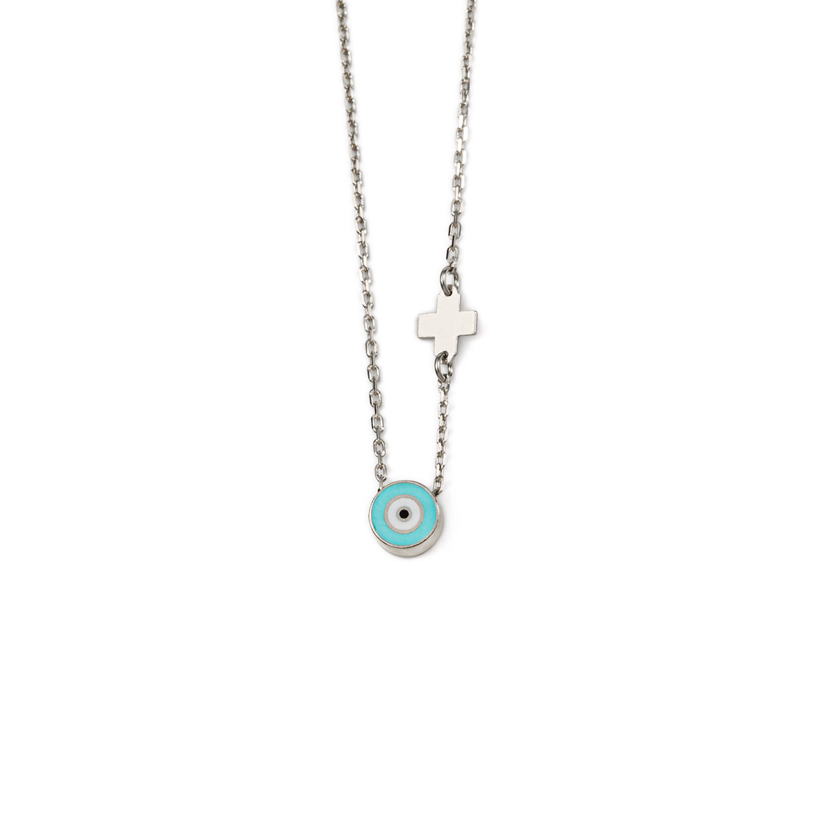 Turquoise Round Evil Eye Necklace with Cross - Sterling Silver - GREEK ROOTS