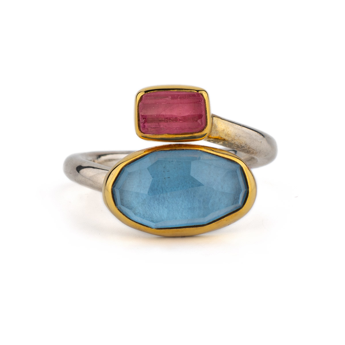 Aqua Marine and Tourmaline Ring - 18K Gold and 925 Sterling Silver - GREEK  ROOTS