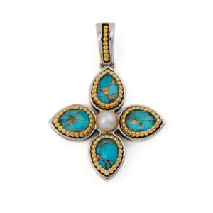 Byzantine Cross Pendant with Doublet Turquoise Copper and Pearl