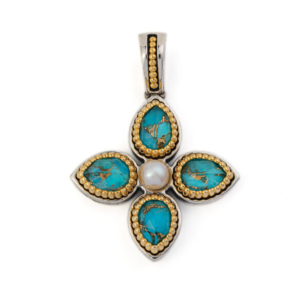 Byzantine Cross Pendant with Doublet Turquoise Copper and Pearl
