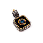 Byzantine Pendant Double sided with Natural London Blue Topaz Gemstone and Black Enamel - Sterling Silver 925 Gold Plated