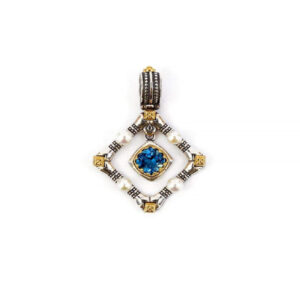 Byzantine Pendant with Natural London Blue topaz Gemstone and natural Pearl - Sterling Silver 925 Gold Plated