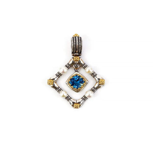 Byzantine Pendant with Natural London Blue topaz Gemstone and natural Pearl - Sterling Silver 925 Gold Plated