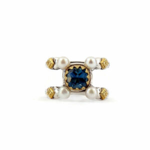 Byzantine Ring with Natural London Blue Topaz Gemstone and Pearl - 925 Sterling Silver Gold Plated