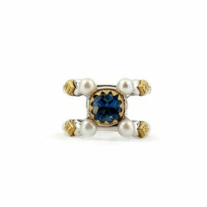 Byzantine Ring with Natural London Blue Topaz Gemstone and Pearl - 925 Sterling Silver Gold Plated