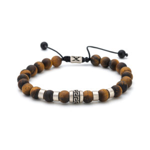 Greek Key Bracelet with Tiger Eye Beads – 925 Sterling Silver