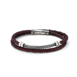 Sterling Silver Double Wrap Bracelet with Chain and Braided Genuine Leather
