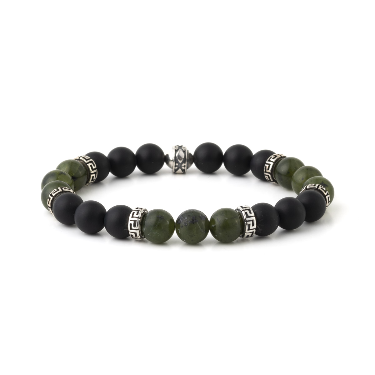 Onyx Jade and Sterling Silver Beaded Bracelet with Meander - GREEK ROOTS