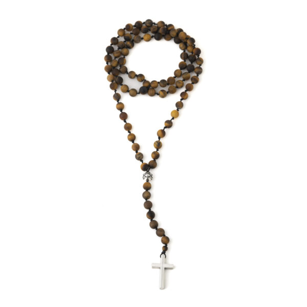 Rosary Necklace with Tiger Eye Beads - 925 Sterling Silver