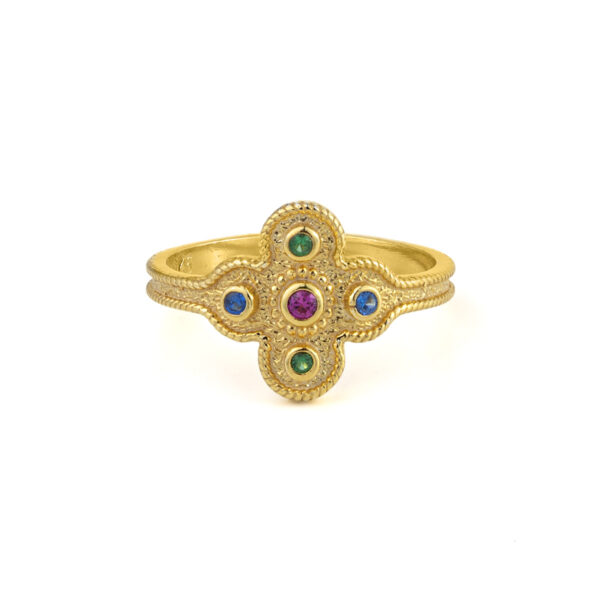 Byzantine Flower Ring with Stones - 925 Sterling Silver and Gold Plated