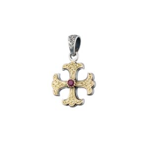 Gerochristo - Classic Cross in 18K Gold and Sterling Silver with ruby
