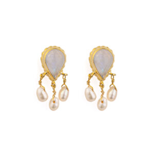 Moonstone and Pearl Dangle Earrings - 925 Sterling Silver and Gold Plated
